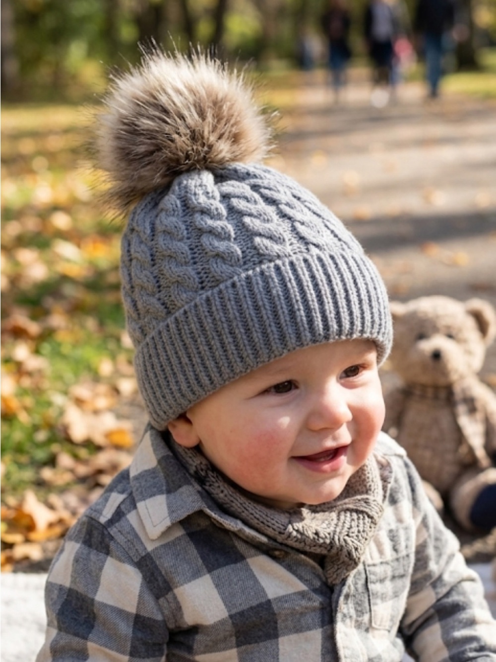 Hat Infant/Toddler Knitted Stretch Hat w/ Faux Fur NWOT 3-18 Months Gray Cable